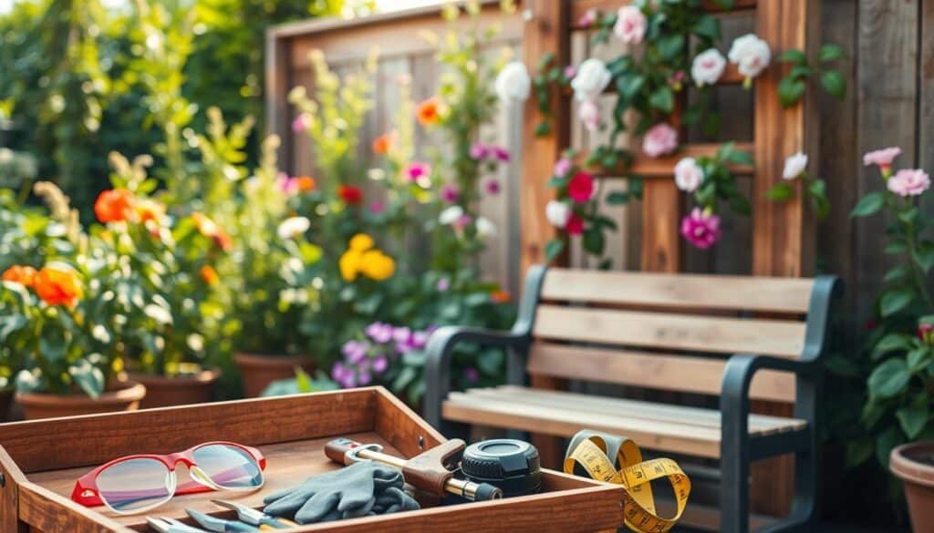 A well-organized small garden featuring a DIY trellis made from reclaimed wood, showcasing vertical plant growth with various flowering vines climbing the structure. In the foreground, a neatly arranged toolbox with safety glasses, gloves, and a measuring tape, emphasizing safety in gardening. In the middle ground, the trellis stands against a backdrop of lush greenery and vibrant flowers. The scene is bathed in soft, warm sunlight, creating an inviting, airy atmosphere. A wooden bench sits nearby, inviting the viewer to engage with the space. The image captures the essence of maintenance and safety tips, ideal for a cozy urban gardening setting. A well-organized small garden featuring a DIY trellis made from reclaimed wood, showcasing vertical plant growth with various flowering vines climbing the structure. In the foreground, a neatly arranged toolbox with safety glasses, gloves, and a measuring tape, emphasizing safety in gardening. In the middle ground, the trellis stands against a backdrop of lush greenery and vibrant flowers. The scene is bathed in soft, warm sunlight, creating an inviting, airy atmosphere. A wooden bench sits nearby, inviting the viewer to engage with the space. The image captures the essence of maintenance and safety tips, ideal for a cozy urban gardening setting.