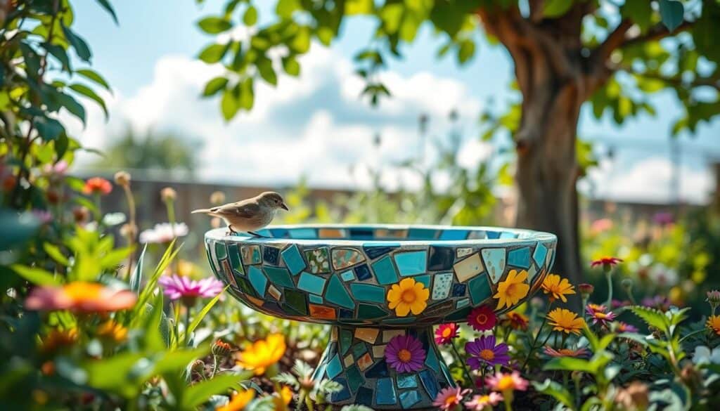 A whimsical DIY mosaic bird bath nestled in a vibrant garden setting. The bird bath features colorful, hand-crafted tiles in various shapes and patterns, creating a stunning patchwork of blues, greens, and yellows. In the foreground, a small sparrow perches on the rim of the bath, sipping water, while colorful wildflowers bloom around the base. The middle ground shows the bird bath surrounded by lush greenery and soft sunlight filtering through the leaves, creating dappled shadows. The background includes a clear sky and gentle, fluffy clouds, adding to the serene atmosphere. The scene is bright and airy, captured with a shallow depth of field to emphasize the intricate details of the mosaic and the lively birds visiting the bath. A whimsical DIY mosaic bird bath nestled in a vibrant garden setting. The bird bath features colorful, hand-crafted tiles in various shapes and patterns, creating a stunning patchwork of blues, greens, and yellows. In the foreground, a small sparrow perches on the rim of the bath, sipping water, while colorful wildflowers bloom around the base. The middle ground shows the bird bath surrounded by lush greenery and soft sunlight filtering through the leaves, creating dappled shadows. The background includes a clear sky and gentle, fluffy clouds, adding to the serene atmosphere. The scene is bright and airy, captured with a shallow depth of field to emphasize the intricate details of the mosaic and the lively birds visiting the bath.