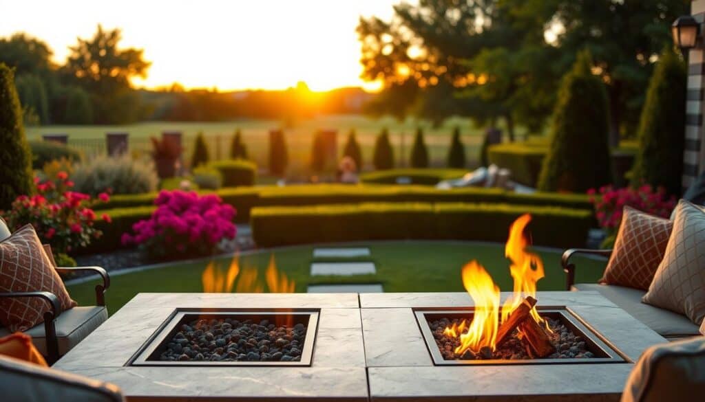 An inviting outdoor scene featuring a beautifully designed fire pit at the center, showcasing both a gas and a wood-burning option side by side. In the foreground, the fire pit sparkles with warm, glowing flames, surrounded by comfortable seating with plush cushions. The middle ground reveals lush landscaping, with vibrant flowers and neatly trimmed hedges enhancing the ambiance. In the background, a serene sunset casts a soft, golden light, illuminating the scene and creating a cozy atmosphere. Capture this from a slightly elevated angle to include the surrounding greenery and distant trees, emphasizing a tranquil backyard setting perfect for gatherings. The overall mood should feel warm and welcoming, ideal for entertaining friends and family. An inviting outdoor scene featuring a beautifully designed fire pit at the center, showcasing both a gas and a wood-burning option side by side. In the foreground, the fire pit sparkles with warm, glowing flames, surrounded by comfortable seating with plush cushions. The middle ground reveals lush landscaping, with vibrant flowers and neatly trimmed hedges enhancing the ambiance. In the background, a serene sunset casts a soft, golden light, illuminating the scene and creating a cozy atmosphere. Capture this from a slightly elevated angle to include the surrounding greenery and distant trees, emphasizing a tranquil backyard setting perfect for gatherings. The overall mood should feel warm and welcoming, ideal for entertaining friends and family.