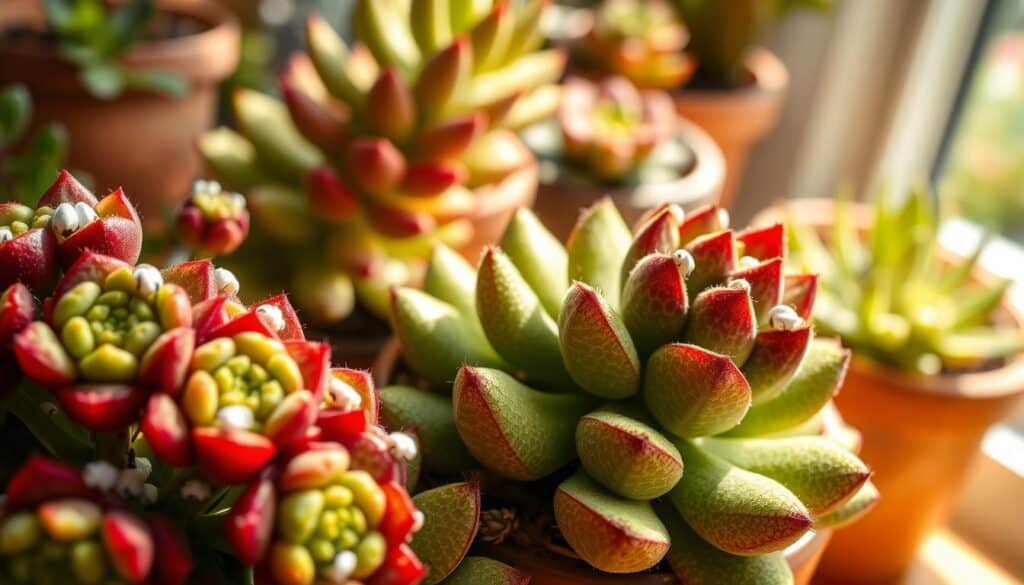 Close-up view of mealybugs infesting vibrant Huernia succulents. In the foreground, clusters of plump, green and reddish Huernia leaves with intricate textures contrast sharply with the white, cotton-like mealybugs. The middle ground features a small, earthy pot, hinting at a well-maintained indoor garden. The background includes soft-focused hints of other succulents, creating a lush atmosphere. Warm, bright natural light streams in, casting gentle shadows that enhance the textures of the leaves. The scene conveys a sense of urgency and the need for pest control, emphasizing the intricate relationship between the plants and their pests. The overall mood is a mix of beauty and concern, perfect for illustrating common issues in succulent care. Close-up view of mealybugs infesting vibrant Huernia succulents. In the foreground, clusters of plump, green and reddish Huernia leaves with intricate textures contrast sharply with the white, cotton-like mealybugs. The middle ground features a small, earthy pot, hinting at a well-maintained indoor garden. The background includes soft-focused hints of other succulents, creating a lush atmosphere. Warm, bright natural light streams in, casting gentle shadows that enhance the textures of the leaves. The scene conveys a sense of urgency and the need for pest control, emphasizing the intricate relationship between the plants and their pests. The overall mood is a mix of beauty and concern, perfect for illustrating common issues in succulent care.