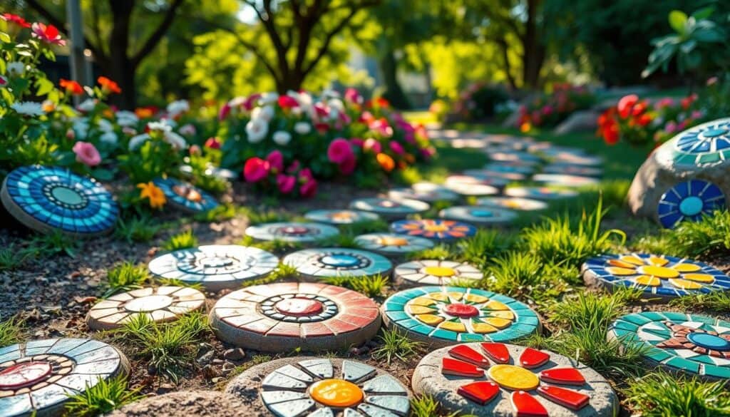 Colorful mosaic stepping stones scattered along a lush garden path, each stone adorned with vibrant patterns of blue, red, yellow, and green tiles that catch the light. In the foreground, a close-up view highlights the intricacy of the tile arrangements, showcasing various shapes like circles, triangles, and flowers. The middle ground features a winding path formed by these stepping stones, bordered by blooming flowers and verdant grass. In the background, sunlight filters through tree leaves, creating a warm and welcoming atmosphere. The image should evoke a sense of creativity and tranquility, with soft lighting emphasizing the textures and colors of the mosaic art, making it an inviting addition to any garden. Colorful mosaic stepping stones scattered along a lush garden path, each stone adorned with vibrant patterns of blue, red, yellow, and green tiles that catch the light. In the foreground, a close-up view highlights the intricacy of the tile arrangements, showcasing various shapes like circles, triangles, and flowers. The middle ground features a winding path formed by these stepping stones, bordered by blooming flowers and verdant grass. In the background, sunlight filters through tree leaves, creating a warm and welcoming atmosphere. The image should evoke a sense of creativity and tranquility, with soft lighting emphasizing the textures and colors of the mosaic art, making it an inviting addition to any garden.