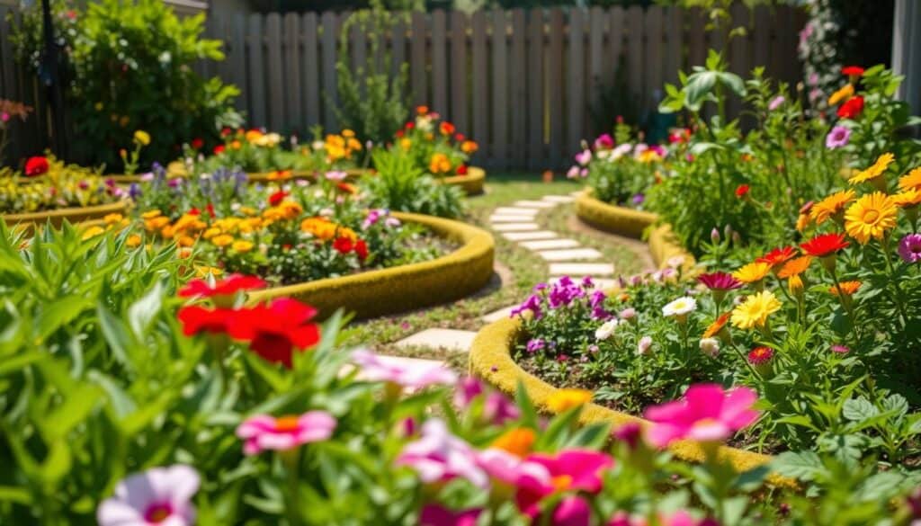 Curved garden beds gracefully meander through a lush, vibrant backyard, each bed filled with various colorful flowers and fragrant herbs. In the foreground, verdant greens and blooms create a soft, inviting barrier, enhancing the feeling of openness. The middle ground showcases gentle curves that guide the eye through the garden, while small, well-maintained pathways invite exploration. In the background, a wooden fence painted in a soft, neutral tone provides contrast and depth without feeling harsh. The scene is illuminated with bright natural light, casting soft shadows and highlighting the textures of the foliage and petals. The overall mood is serene and welcoming, evoking a sense of tranquility and harmony with nature. Curved garden beds gracefully meander through a lush, vibrant backyard, each bed filled with various colorful flowers and fragrant herbs. In the foreground, verdant greens and blooms create a soft, inviting barrier, enhancing the feeling of openness. The middle ground showcases gentle curves that guide the eye through the garden, while small, well-maintained pathways invite exploration. In the background, a wooden fence painted in a soft, neutral tone provides contrast and depth without feeling harsh. The scene is illuminated with bright natural light, casting soft shadows and highlighting the textures of the foliage and petals. The overall mood is serene and welcoming, evoking a sense of tranquility and harmony with nature.