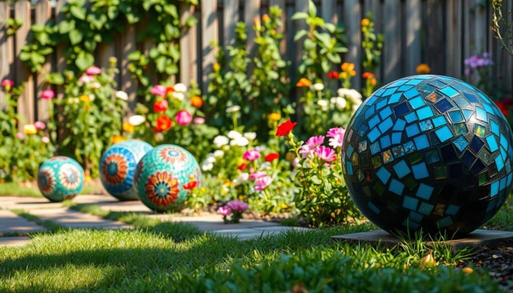 DIY mosaic garden spheres sit beautifully in a lush garden setting, showcasing a variety of vibrant colors and patterns made from broken tiles and glass pieces. In the foreground, several large, round spheres are artistically placed on a stone path, glimmering in the soft sunlight. Each sphere features intricate designs, blending blues, reds, and greens. The middle ground reveals a diverse array of blooming flowers and greenery, enhancing the artistic display, while gentle shadows add depth. The background features a wooden fence partially covered in climbing vines, blurred to emphasize the garden's vibrant foreground. The overall mood is cheerful and inviting, capturing the essence of DIY creativity, framed in a well-lit, airy atmosphere. DIY mosaic garden spheres sit beautifully in a lush garden setting, showcasing a variety of vibrant colors and patterns made from broken tiles and glass pieces. In the foreground, several large, round spheres are artistically placed on a stone path, glimmering in the soft sunlight. Each sphere features intricate designs, blending blues, reds, and greens. The middle ground reveals a diverse array of blooming flowers and greenery, enhancing the artistic display, while gentle shadows add depth. The background features a wooden fence partially covered in climbing vines, blurred to emphasize the garden's vibrant foreground. The overall mood is cheerful and inviting, capturing the essence of DIY creativity, framed in a well-lit, airy atmosphere.
