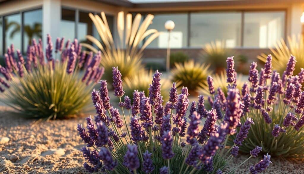 Drought-tolerant landscaping featuring a vibrant lavender border, perfectly manicured and lush against a backdrop of sun-kissed, sandy soil. In the foreground, blooming lavender plants, their purple flowers in full display, gently swaying in a mild breeze, exude a calming scent. The middle ground is adorned with a mix of ornamental grasses and succulents, artfully arranged to highlight the textures and colors that complement lavender. The background includes a softly blurred view of a modern home, with large windows reflecting a bright, clear sky. Golden hour lighting casts a warm glow across the scene, enhancing the tranquil and inviting atmosphere of sustainable gardening. The composition should have a slight aerial angle to showcase the variety and harmony within the landscape design. Drought-tolerant landscaping featuring a vibrant lavender border, perfectly manicured and lush against a backdrop of sun-kissed, sandy soil. In the foreground, blooming lavender plants, their purple flowers in full display, gently swaying in a mild breeze, exude a calming scent. The middle ground is adorned with a mix of ornamental grasses and succulents, artfully arranged to highlight the textures and colors that complement lavender. The background includes a softly blurred view of a modern home, with large windows reflecting a bright, clear sky. Golden hour lighting casts a warm glow across the scene, enhancing the tranquil and inviting atmosphere of sustainable gardening. The composition should have a slight aerial angle to showcase the variety and harmony within the landscape design.