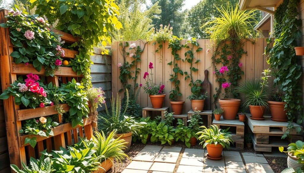Imagine a beautifully designed side yard featuring a vibrant vertical garden. In the foreground, a series of rustic wooden pallets are used creatively to hold an array of flourishing plants, such as colorful flowering vines, aromatic herbs, and leafy greens. The middle ground features well-placed terracotta and ceramic pots filled with lush flowers and trailing greenery, enhancing the garden's charm. In the background, a soft, sun-drenched fence serves as a backdrop, adorned with climbing plants that provide a sense of enclosure and privacy. The scene is captured in bright, natural light with soft sunlight filtering through leaves, creating warm highlights and gentle shadows. This airy, inviting space exudes a tranquil and uplifting atmosphere, perfect for inspiring viewers to embrace vertical gardening in their side yards. Imagine a beautifully designed side yard featuring a vibrant vertical garden. In the foreground, a series of rustic wooden pallets are used creatively to hold an array of flourishing plants, such as colorful flowering vines, aromatic herbs, and leafy greens. The middle ground features well-placed terracotta and ceramic pots filled with lush flowers and trailing greenery, enhancing the garden's charm. In the background, a soft, sun-drenched fence serves as a backdrop, adorned with climbing plants that provide a sense of enclosure and privacy. The scene is captured in bright, natural light with soft sunlight filtering through leaves, creating warm highlights and gentle shadows. This airy, inviting space exudes a tranquil and uplifting atmosphere, perfect for inspiring viewers to embrace vertical gardening in their side yards.