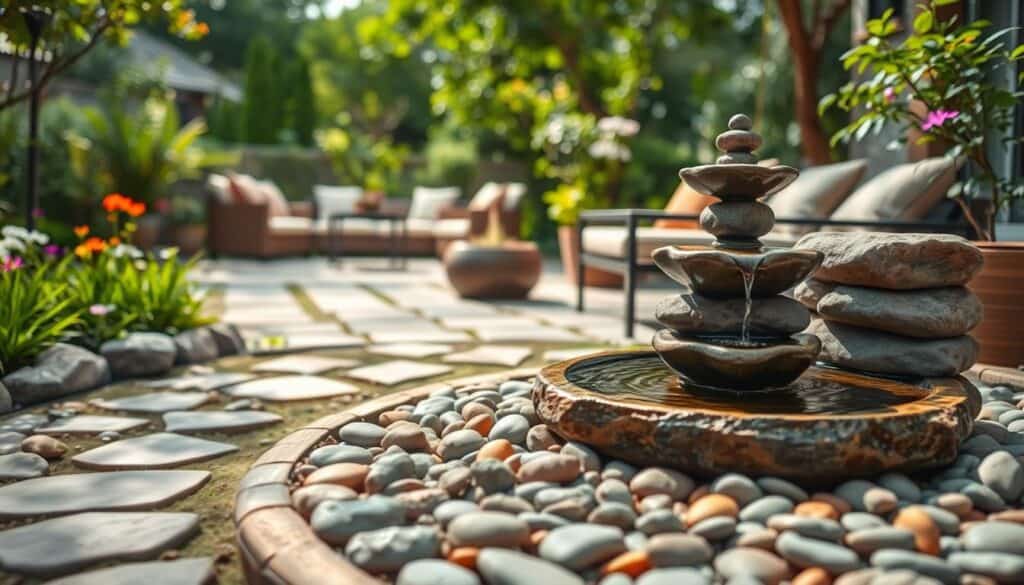 Lush patio featuring small outdoor water features, such as a tranquil stone fountain and a mini pond with gentle ripples, surrounded by delicate greenery and colorful flowers. In the foreground, smooth pebbles create a natural pathway leading to the water elements, enhancing the Zen-inspired atmosphere. The middle ground showcases a beautifully arranged terrace with stylish outdoor furniture, accented by soft cushions in earthy tones. In the background, a soft-focus garden backdrop filled with leafy trees frames the scene. The lighting is bright and natural, with soft sunlight illuminating the water features, creating a serene and inviting ambiance. Capture this scene with a wide-angle lens to emphasize the spacious feel of the small area, conveying relaxation and tranquility. Lush patio featuring small outdoor water features, such as a tranquil stone fountain and a mini pond with gentle ripples, surrounded by delicate greenery and colorful flowers. In the foreground, smooth pebbles create a natural pathway leading to the water elements, enhancing the Zen-inspired atmosphere. The middle ground showcases a beautifully arranged terrace with stylish outdoor furniture, accented by soft cushions in earthy tones. In the background, a soft-focus garden backdrop filled with leafy trees frames the scene. The lighting is bright and natural, with soft sunlight illuminating the water features, creating a serene and inviting ambiance. Capture this scene with a wide-angle lens to emphasize the spacious feel of the small area, conveying relaxation and tranquility.