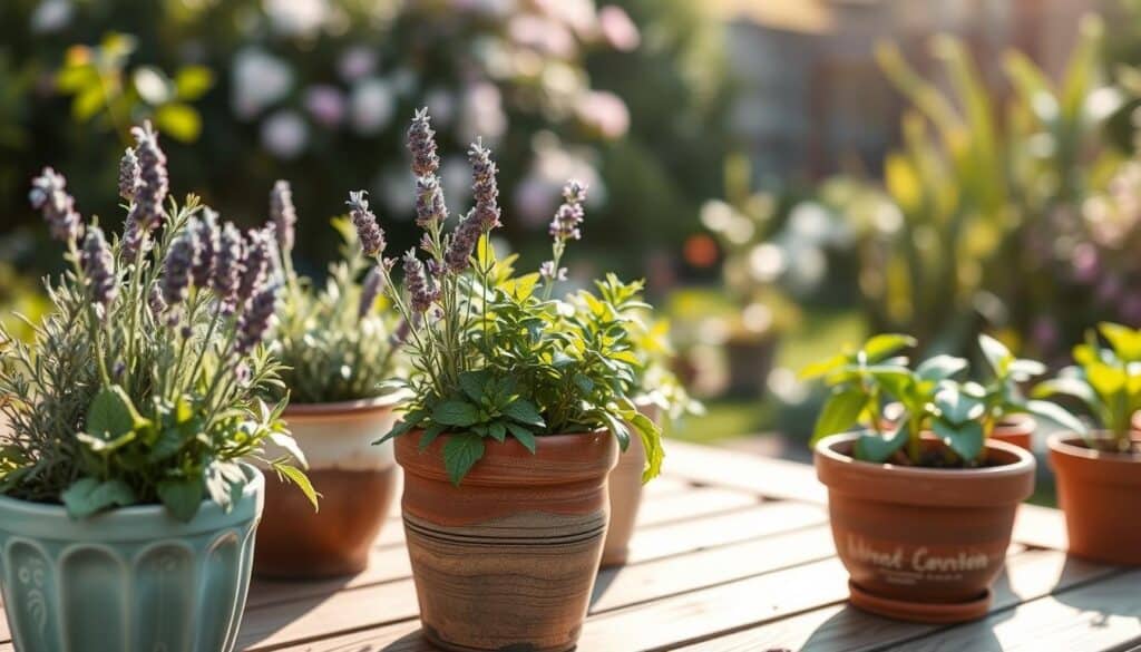 Pots filled with an array of fragrant plants, including lavender, rosemary, jasmine, and mint, arranged beautifully on a wooden patio table. The scene is bathed in soft, natural sunlight, highlighting the rich greens and vibrant hues of the plants. A gently blurred garden in the background provides a lush, serene setting, with hints of blooming flowers and greenery catching the light. The foreground showcases the textures of the potting materials—ceramic, terracotta, and rustic wood—emphasizing a cozy, inviting atmosphere. The overall mood is fresh and uplifting, evoking the sweet, herbal aromas of the garden. Use a wide-angle lens to capture the essence of container gardening, ensuring the focus remains on the scents and textures of the plants.