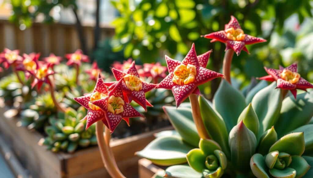 Star-shaped succulent flowers of the Huernia plant bloom in vivid colors, showcasing their unique star-like structures with intricate patterns and textures. In the foreground, a cluster of these flowers emerges from a lush green, fleshy succulent, adorned with succulent leaves that display a gradient of deep green to rich burgundy. In the middle ground, more Huernia plants populate a well-tended wooden planter, reflecting a cozy home decor atmosphere. The background features a softly blurred garden setting with bright, natural sunlight filtering through leaves, creating a warm and inviting ambiance. The overall mood is serene and uplifting, capturing the beauty of these bizarre yet charming flowers in an airy, well-lit environment. Star-shaped succulent flowers of the Huernia plant bloom in vivid colors, showcasing their unique star-like structures with intricate patterns and textures. In the foreground, a cluster of these flowers emerges from a lush green, fleshy succulent, adorned with succulent leaves that display a gradient of deep green to rich burgundy. In the middle ground, more Huernia plants populate a well-tended wooden planter, reflecting a cozy home decor atmosphere. The background features a softly blurred garden setting with bright, natural sunlight filtering through leaves, creating a warm and inviting ambiance. The overall mood is serene and uplifting, capturing the beauty of these bizarre yet charming flowers in an airy, well-lit environment.