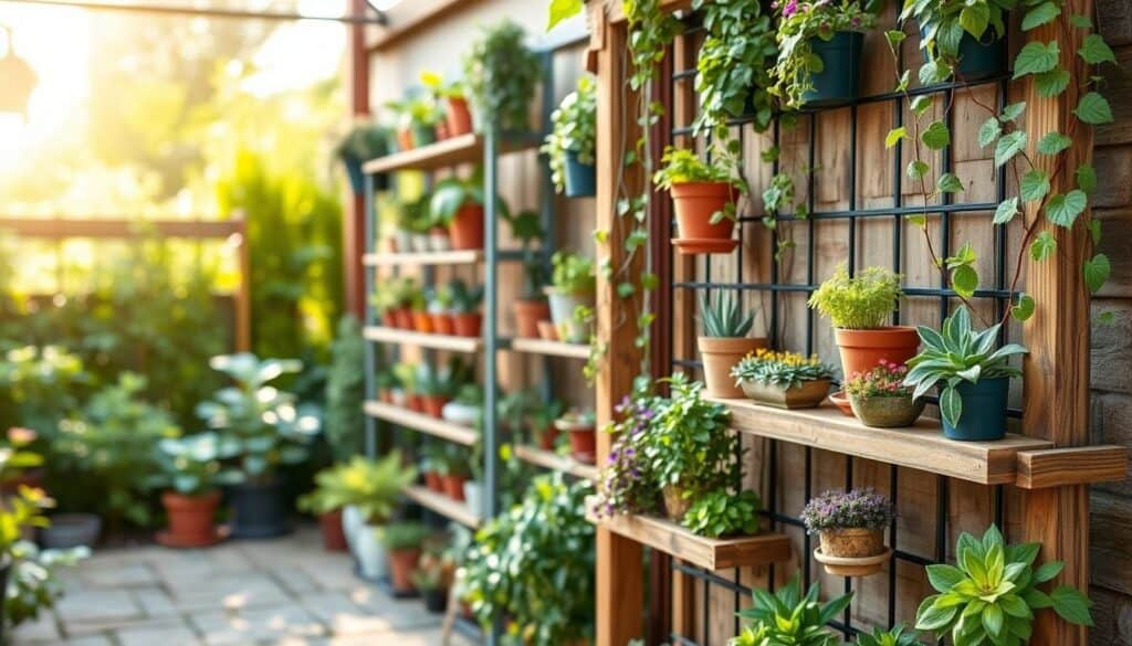 Vertical gardening ideas for a small backyard, showcasing various creative plant arrangements that draw the eye upward. In the foreground, a wooden vertical planter filled with vibrant herbs and colorful flowers, with a rustic trellis adorned with climbing vines. The middle ground features a series of tiered shelves displaying an array of potted plants and succulents, creating a lush and inviting atmosphere. In the background, a soft-focus view of a sunlit garden, highlighted by gentle sunlight filtering through green foliage, enhancing the bright and airy feel. The composition should convey a sense of tranquility and innovation, utilizing a wide-angle lens to capture the depth of the space, with a warm, inviting aesthetic. Vertical gardening ideas for a small backyard, showcasing various creative plant arrangements that draw the eye upward. In the foreground, a wooden vertical planter filled with vibrant herbs and colorful flowers, with a rustic trellis adorned with climbing vines. The middle ground features a series of tiered shelves displaying an array of potted plants and succulents, creating a lush and inviting atmosphere. In the background, a soft-focus view of a sunlit garden, highlighted by gentle sunlight filtering through green foliage, enhancing the bright and airy feel. The composition should convey a sense of tranquility and innovation, utilizing a wide-angle lens to capture the depth of the space, with a warm, inviting aesthetic.