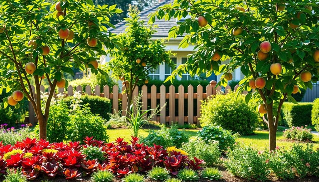 Vibrant front yard featuring a variety of dwarf fruit trees like apple, peach, and cherry, arranged artfully to create structure and privacy. In the foreground, a well-tended garden bed bursts with colorful vegetables and flowering herbs, providing a beautiful contrast to the lush greenery. The middle ground showcases the dwarf trees, laden with ripe fruit, their branches gracefully arching. In the background, a quaint wooden fence partially obscures a charming suburban house, surrounded by soft patches of sunlight filtering through the leaves. The scene is illuminated with bright, natural light, creating a warm, inviting atmosphere. Capture this from a slightly elevated angle to emphasize the layered composition and serene beauty of this edible landscape. Vibrant front yard featuring a variety of dwarf fruit trees like apple, peach, and cherry, arranged artfully to create structure and privacy. In the foreground, a well-tended garden bed bursts with colorful vegetables and flowering herbs, providing a beautiful contrast to the lush greenery. The middle ground showcases the dwarf trees, laden with ripe fruit, their branches gracefully arching. In the background, a quaint wooden fence partially obscures a charming suburban house, surrounded by soft patches of sunlight filtering through the leaves. The scene is illuminated with bright, natural light, creating a warm, inviting atmosphere. Capture this from a slightly elevated angle to emphasize the layered composition and serene beauty of this edible landscape.