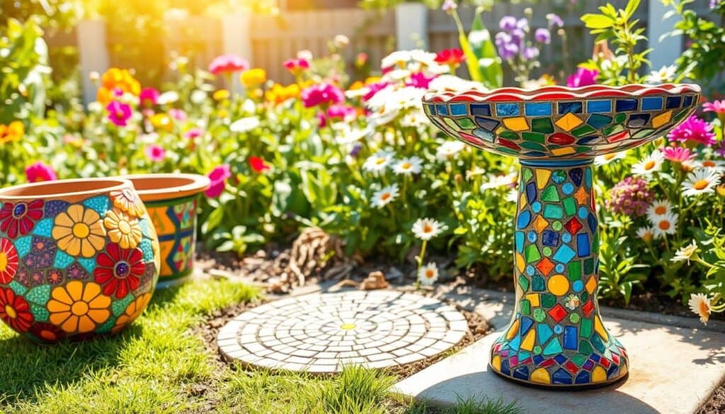 Vibrant mosaic garden art ideas arranged in a sunny backyard setting. In the foreground, showcase a colorful mosaic birdbath adorned with vivid tiles in shades of blue, green, and yellow. To the left, include a whimsical mosaic flower pot bursting with layered patterns, featuring bright reds, oranges, and purples. In the middle ground, display a mosaic stepping stone with intricate designs, surrounded by lush greenery and cheerful daisies. The background features a sunny garden filled with blooming flowers and healthy plants, under soft, warm sunlight that creates a cheerful atmosphere. Capture this scene from a slightly elevated angle for a comprehensive view, emphasizing the artistry and creativity of DIY mosaic projects, inviting a harmonious and artistic weekend vibe. Vibrant mosaic garden art ideas arranged in a sunny backyard setting. In the foreground, showcase a colorful mosaic birdbath adorned with vivid tiles in shades of blue, green, and yellow. To the left, include a whimsical mosaic flower pot bursting with layered patterns, featuring bright reds, oranges, and purples. In the middle ground, display a mosaic stepping stone with intricate designs, surrounded by lush greenery and cheerful daisies. The background features a sunny garden filled with blooming flowers and healthy plants, under soft, warm sunlight that creates a cheerful atmosphere. Capture this scene from a slightly elevated angle for a comprehensive view, emphasizing the artistry and creativity of DIY mosaic projects, inviting a harmonious and artistic weekend vibe.