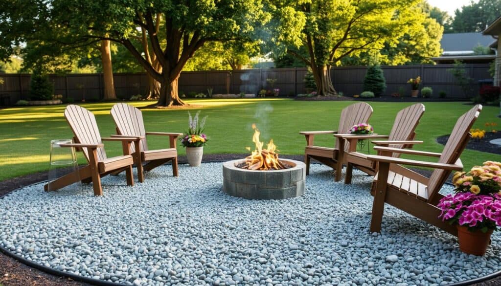 -gravel fire pit patio setting, featuring a circular arrangement of smooth, gray gravel surrounding a compact, inviting fire pit with flickering flames; a few comfortable wooden chairs in a casual arrangement to encourage conversation; decorative potted plants with vibrant flowers placed strategically around the area; soft, diffused sunlight filtering through lush green trees in the background; a serene and cozy atmosphere, evoking a sense of warmth and relaxation; slight focus on the fire pit with a shallow depth of field, capturing the texture of the gravel and the dancing flames, framed by an idyllic backyard with well-kept grass and colorful landscaping, suggesting budget-friendly landscaping options; no people present, emphasizing a peaceful outdoor retreat. -gravel fire pit patio setting, featuring a circular arrangement of smooth, gray gravel surrounding a compact, inviting fire pit with flickering flames; a few comfortable wooden chairs in a casual arrangement to encourage conversation; decorative potted plants with vibrant flowers placed strategically around the area; soft, diffused sunlight filtering through lush green trees in the background; a serene and cozy atmosphere, evoking a sense of warmth and relaxation; slight focus on the fire pit with a shallow depth of field, capturing the texture of the gravel and the dancing flames, framed by an idyllic backyard with well-kept grass and colorful landscaping, suggesting budget-friendly landscaping options; no people present, emphasizing a peaceful outdoor retreat.