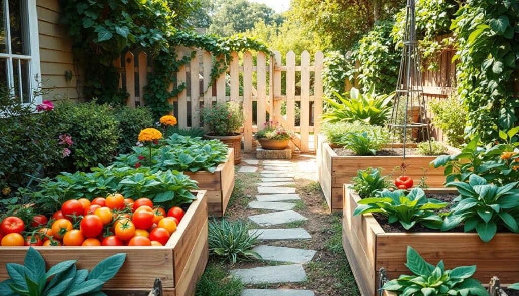 side yard with raised garden beds beautifully arranged in a lush, vibrant setting. In the foreground, showcase wooden raised beds filled with an array of colorful edible plants—ripe tomatoes, vibrant peppers, and leafy greens. The middle ground features neatly arranged stone pathways leading to the beds, surrounded by flowering plants and shrubs that add charm. In the background, a cozy fence adorned with climbing vines frames the scene, while sunlight filters through the leaves, creating a warm, inviting atmosphere. Capture the image from a slightly elevated angle to provide depth, with soft sunlight bathing the entire scene, emphasizing the inviting nature of this productive garden space. side yard with raised garden beds beautifully arranged in a lush, vibrant setting. In the foreground, showcase wooden raised beds filled with an array of colorful edible plants—ripe tomatoes, vibrant peppers, and leafy greens. The middle ground features neatly arranged stone pathways leading to the beds, surrounded by flowering plants and shrubs that add charm. In the background, a cozy fence adorned with climbing vines frames the scene, while sunlight filters through the leaves, creating a warm, inviting atmosphere. Capture the image from a slightly elevated angle to provide depth, with soft sunlight bathing the entire scene, emphasizing the inviting nature of this productive garden space.